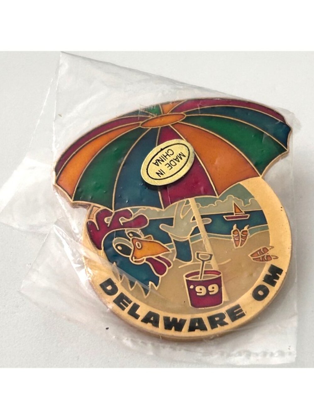 Odyssey of the Mind Delaware Chicken at the Beach Umbrella Lapel Pin NEW